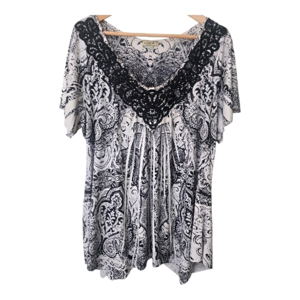 ONE WORLD Black & White Paisley Lace-Trim Tunic 2XL Flutter Festival Whimsigoth
